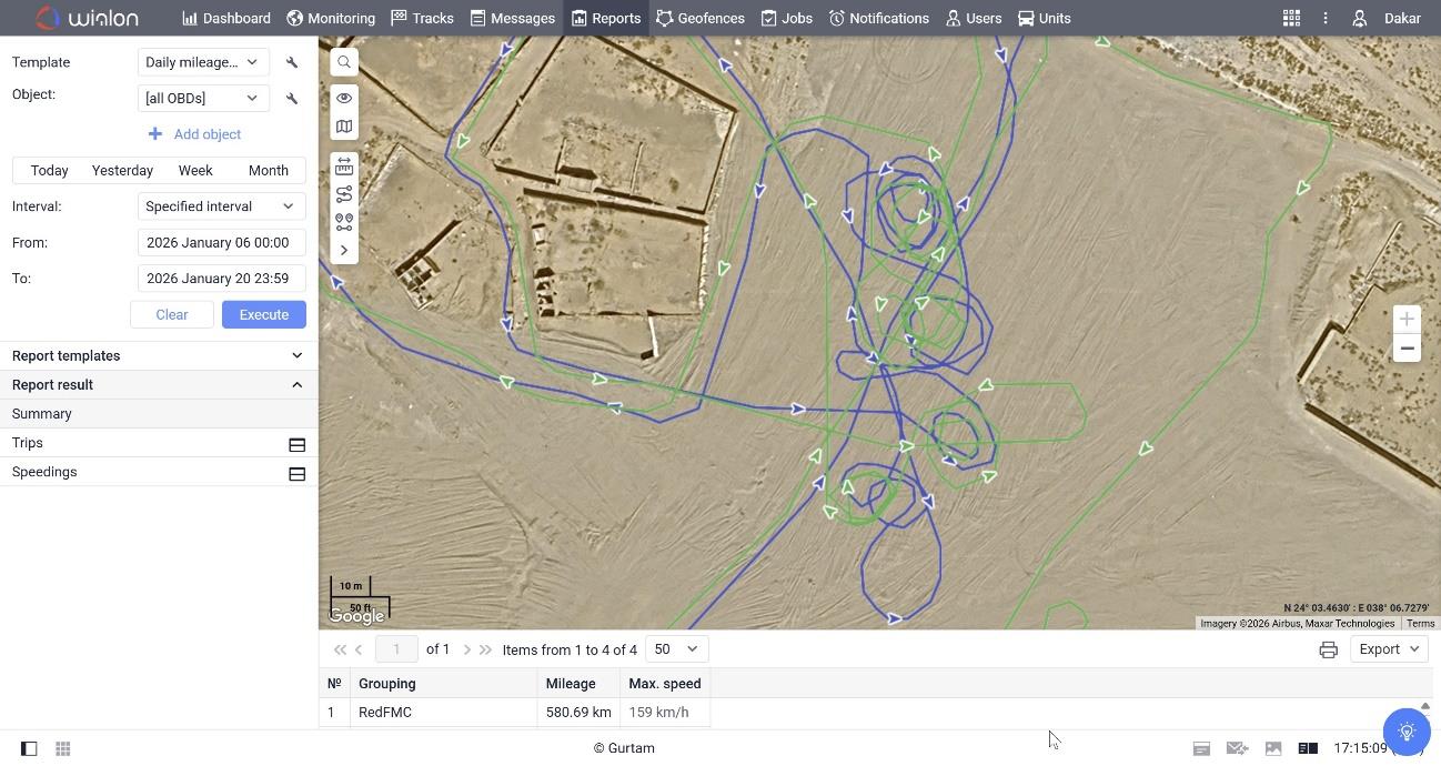 Traçado em formato de W desenhado no mapa do Wialon pela equipe vermelha
