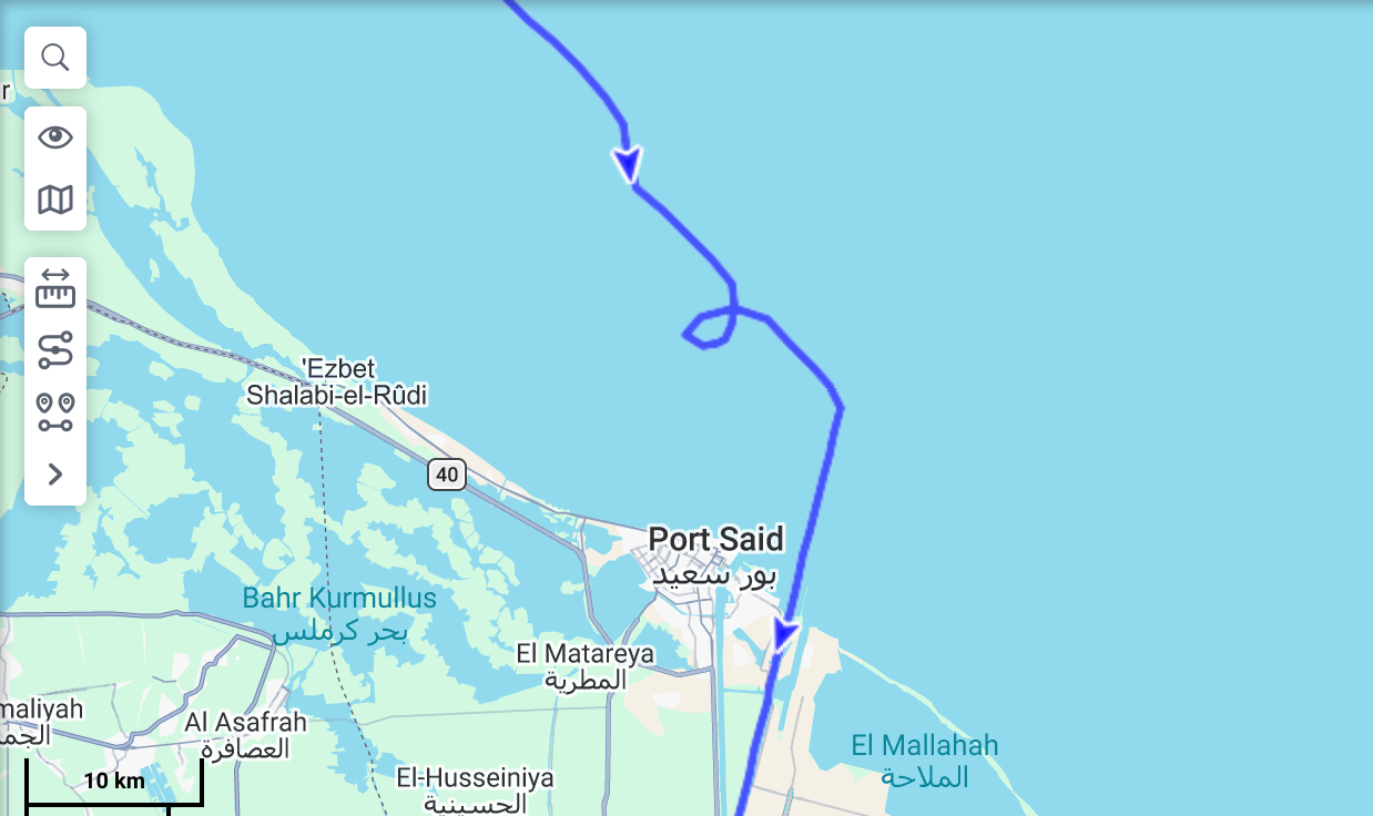 Mapa da Wialon mostrando a trajetória em espiral do navio próximo ao Canal de Suez, em Port Said